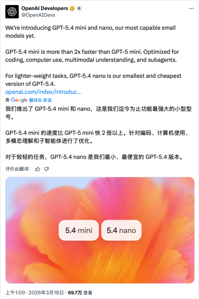 OpenAI 上线 GPT-5.4 mini/nano：速度翻倍